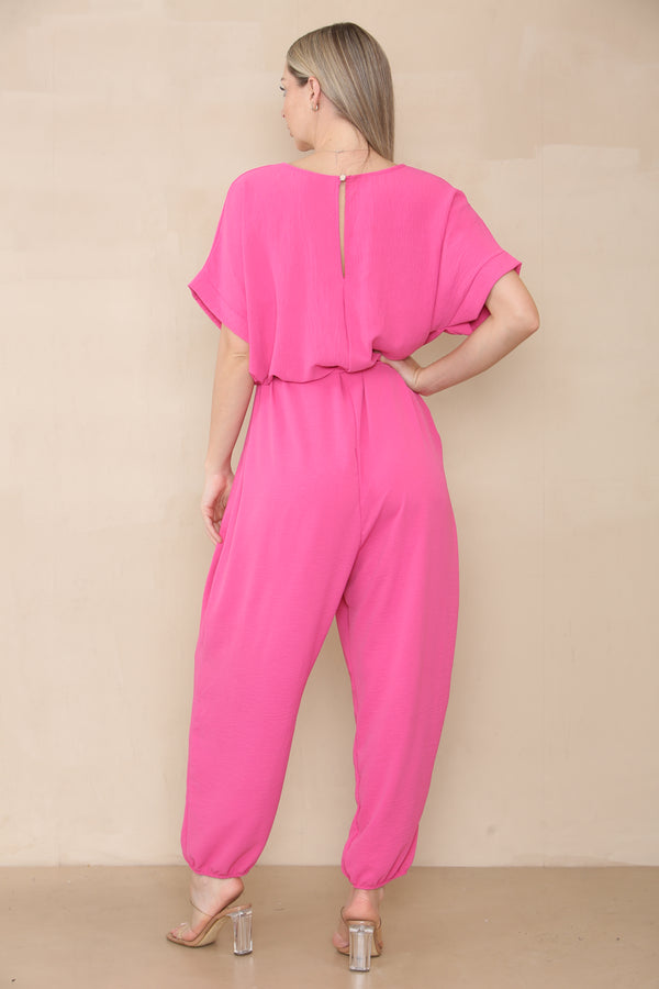 Elasticated Short-Sleeve Belted Jumpsuit