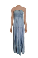 Off Shoulder Shirred Denim Dress
