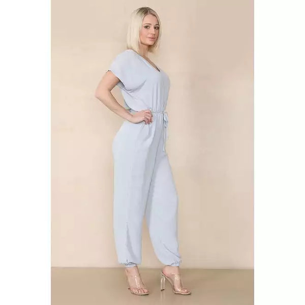 Elasticated Short-Sleeve Belted Jumpsuit