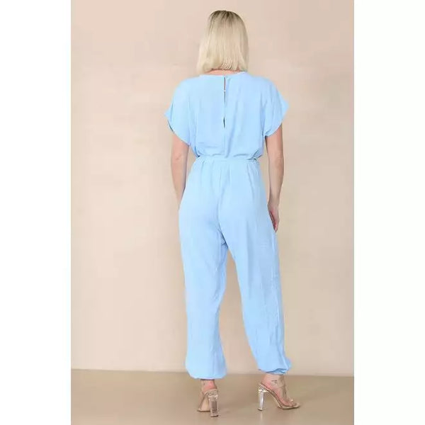 Elasticated Short-Sleeve Belted Jumpsuit