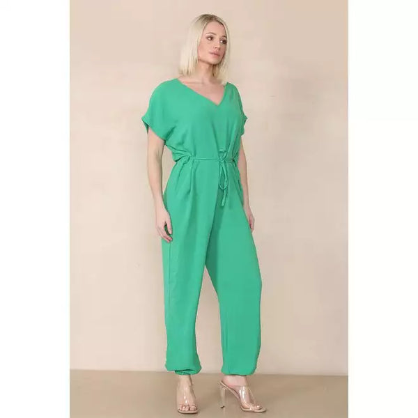 Elasticated Short-Sleeve Belted Jumpsuit