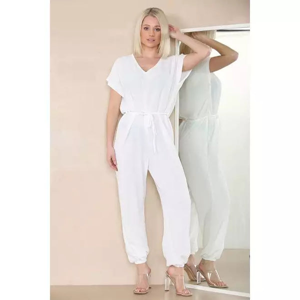 Elasticated Short-Sleeve Belted Jumpsuit