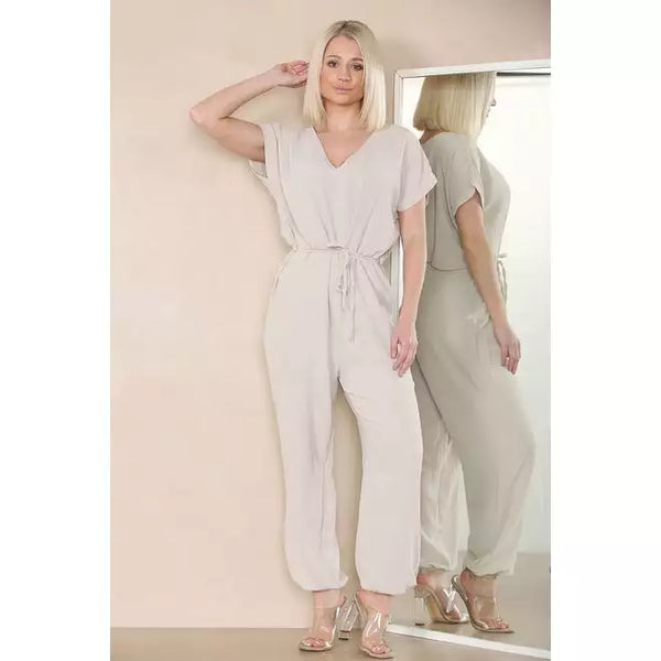 Elasticated Short-Sleeve Belted Jumpsuit