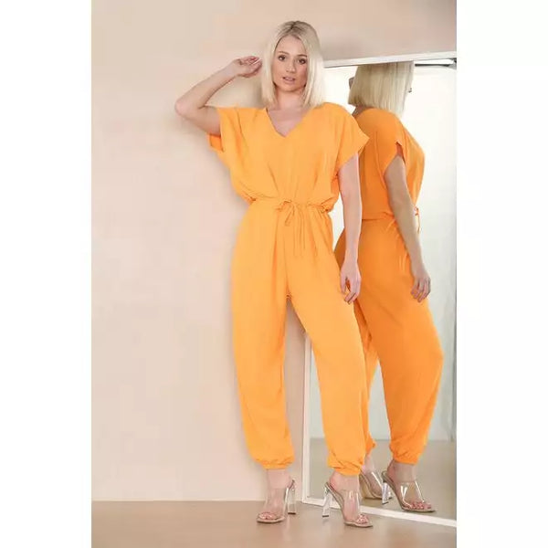 Elasticated Short-Sleeve Belted Jumpsuit