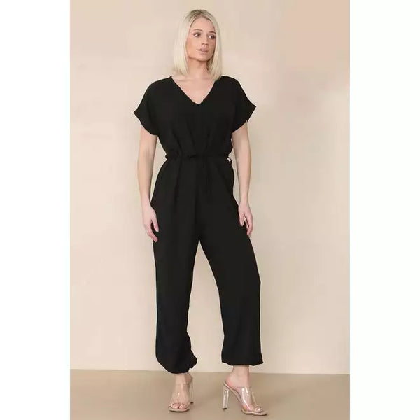 Elasticated Short-Sleeve Belted Jumpsuit