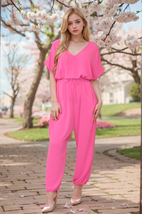 Elasticated Short-Sleeve Belted Jumpsuit