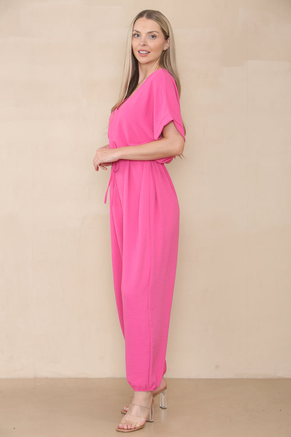 Elasticated Short-Sleeve Belted Jumpsuit