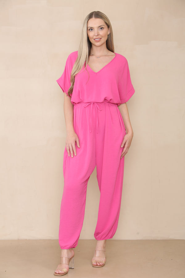 Elasticated Short-Sleeve Belted Jumpsuit